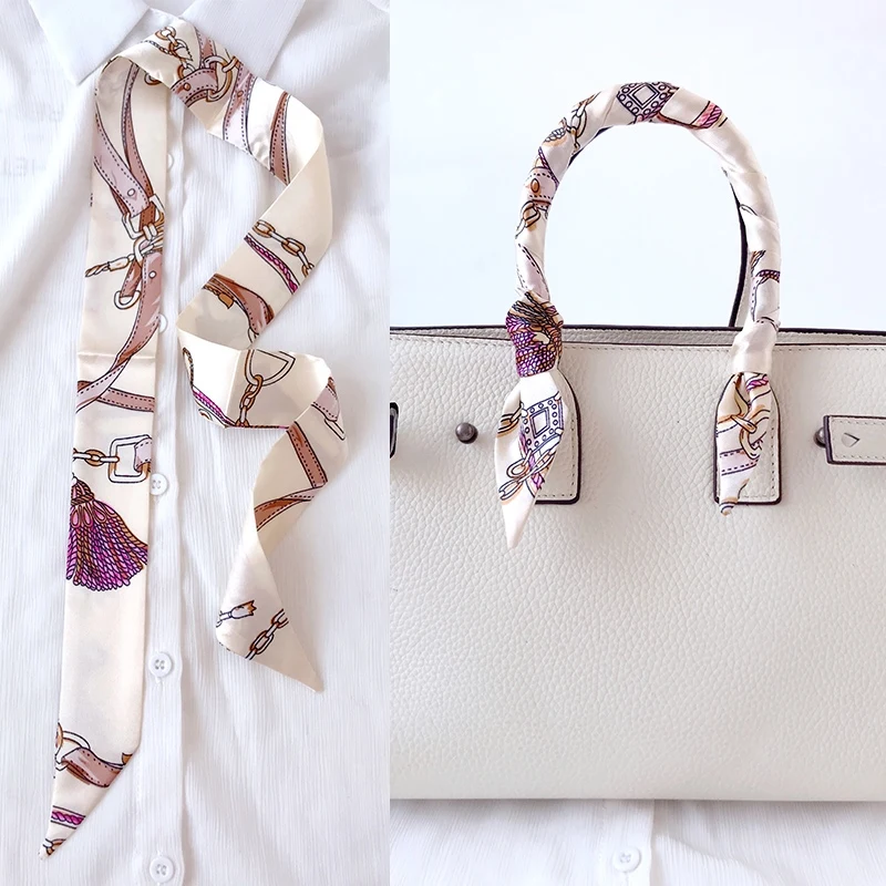  Woman Skinny Silk Scarf 90cm*4cm Long Hair Strip Silk Ribbon Small Neck Scarves Bag Handle Ribbon Scarf Kerchief Ladies Tie