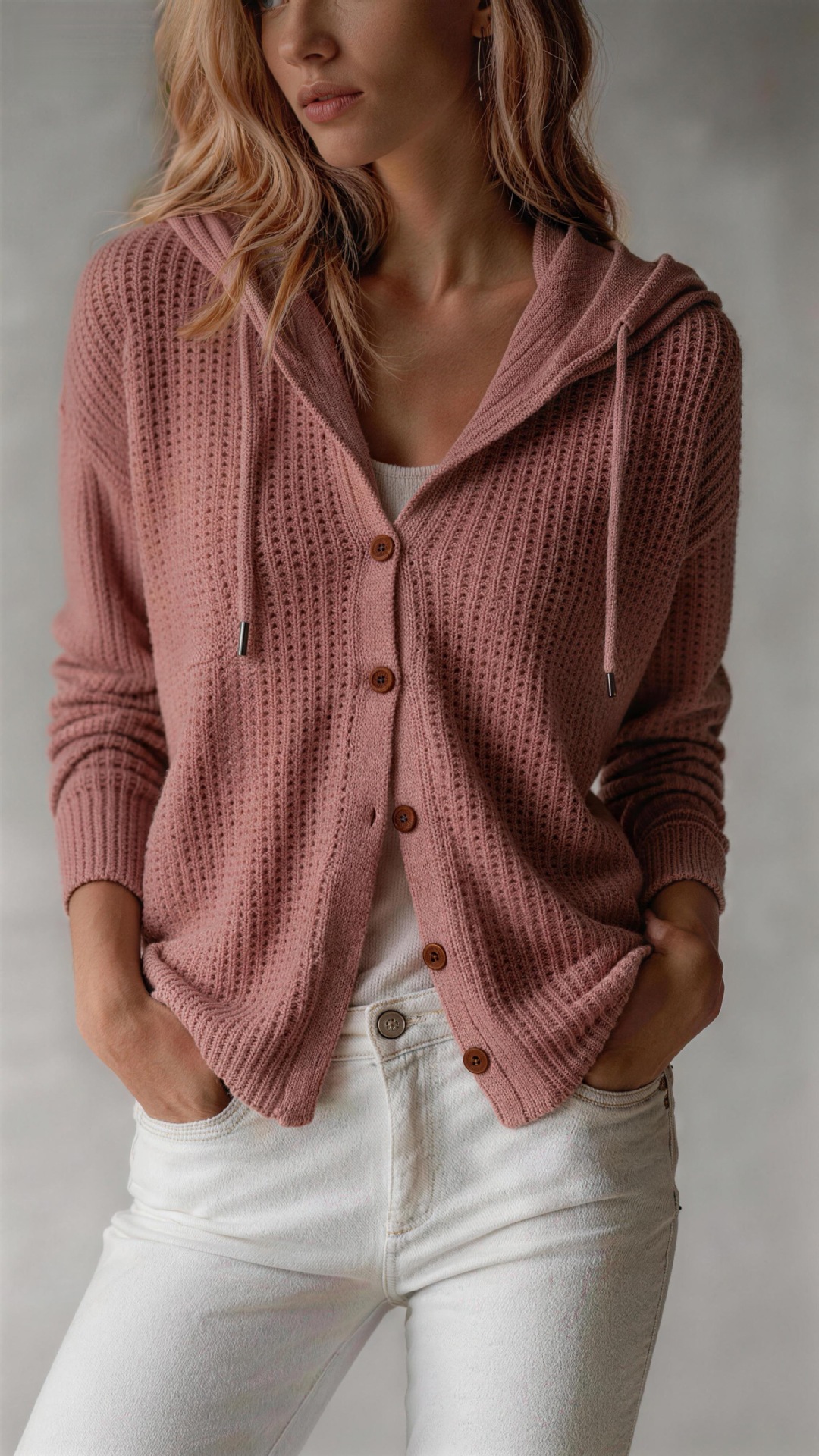  Hooded Knitted Cardigan Womens Loose-Fit Coat