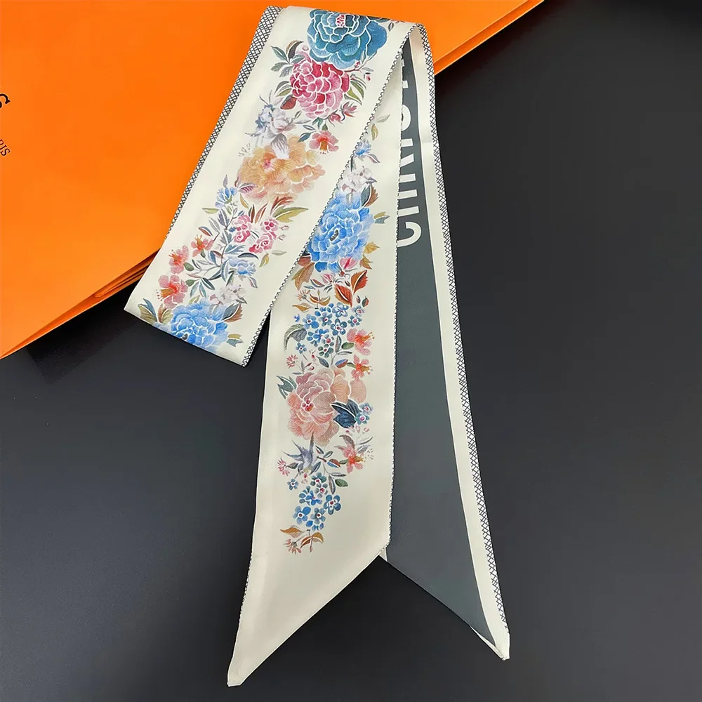  French Tarot Rose Flower Print Women's Decoration Double-sided Elegant Binding Strap Streamer Small Scarf Gift Ribbon Silk Scarf
