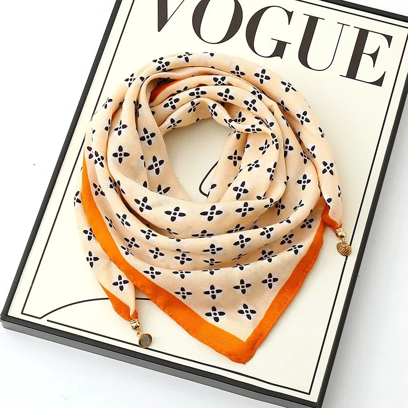  Luxury Magnetic Buckle Silk Scarf Women Soft Satin Neckerchief Female Autumn Winter Warmth Cold Resistance Fashion Square Scarve