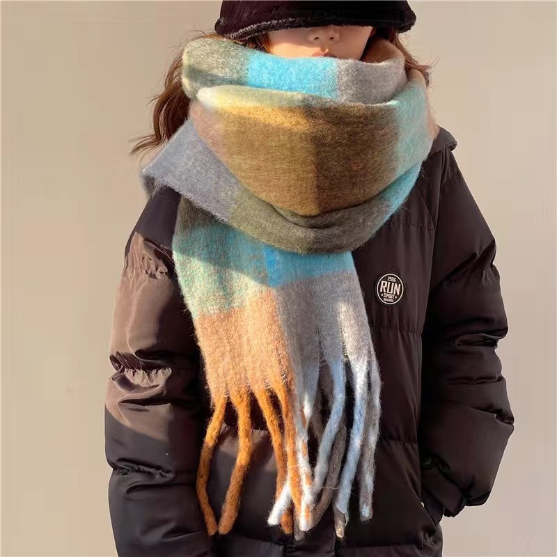  Women's Plaid Tassel Scarf Rainbow Color-blocking Shawl