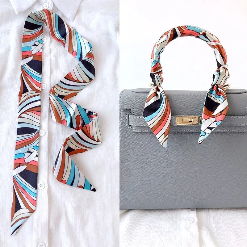  Woman Skinny Silk Scarf 90cm*4cm Long Hair Strip Silk Ribbon Small Neck Scarves Bag Handle Ribbon Scarf Kerchief Ladies Tie