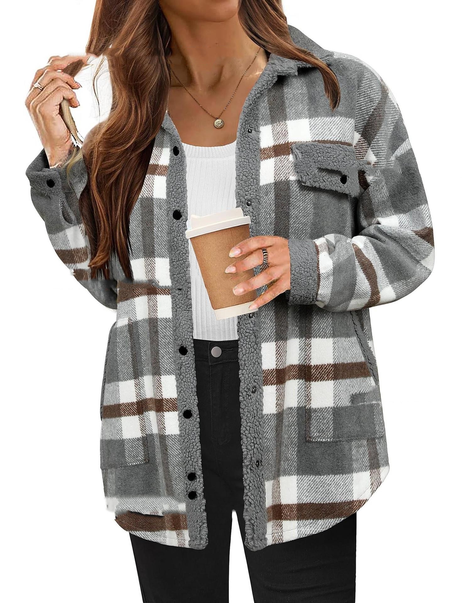  Contrast Color Plaid Jacket Casual Polo Collar Velvet Coat