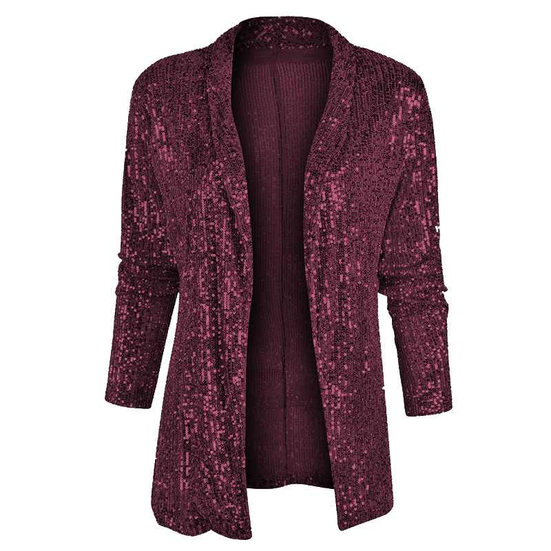  Women's Sequin Long Sleeve Temperament Mid-length Polo Collar Solid Color Coat