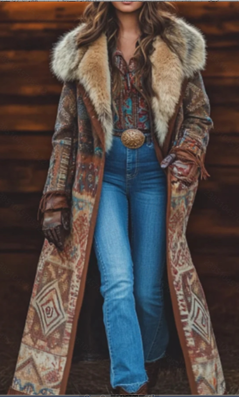  Fashion Retro Women's Coat, Warm Printed Long Coat