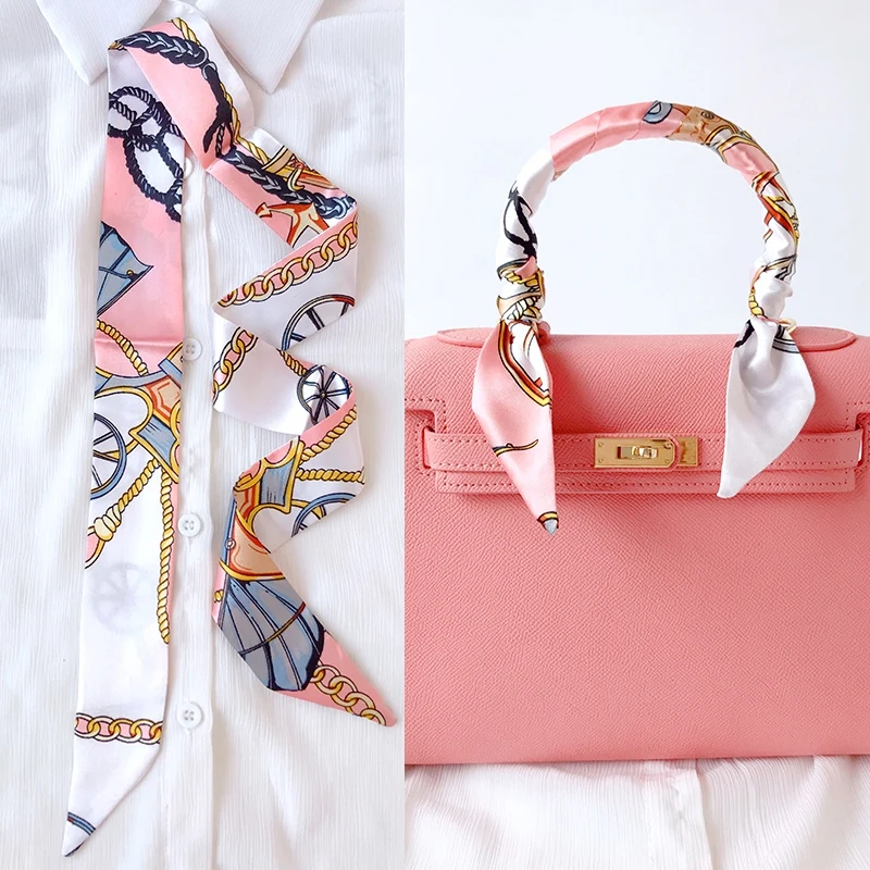 Woman Skinny Silk Scarf 90cm*4cm Long Hair Strip Silk Ribbon Small Neck Scarves Bag Handle Ribbon Scarf Kerchief Ladies Tie