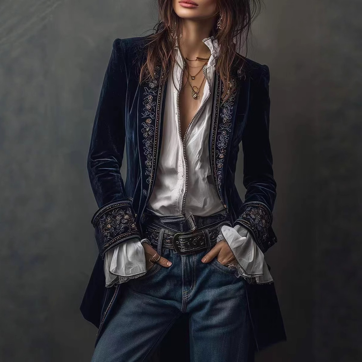  Long Sleeve Solid Color Stitching Lace Pleuche Coat