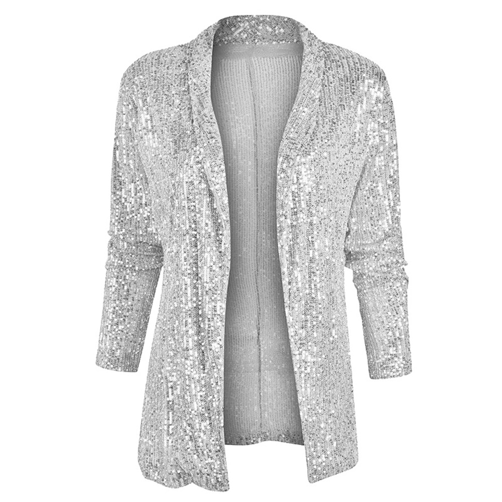  Women's Sequin Long Sleeve Temperament Mid-length Polo Collar Solid Color Coat