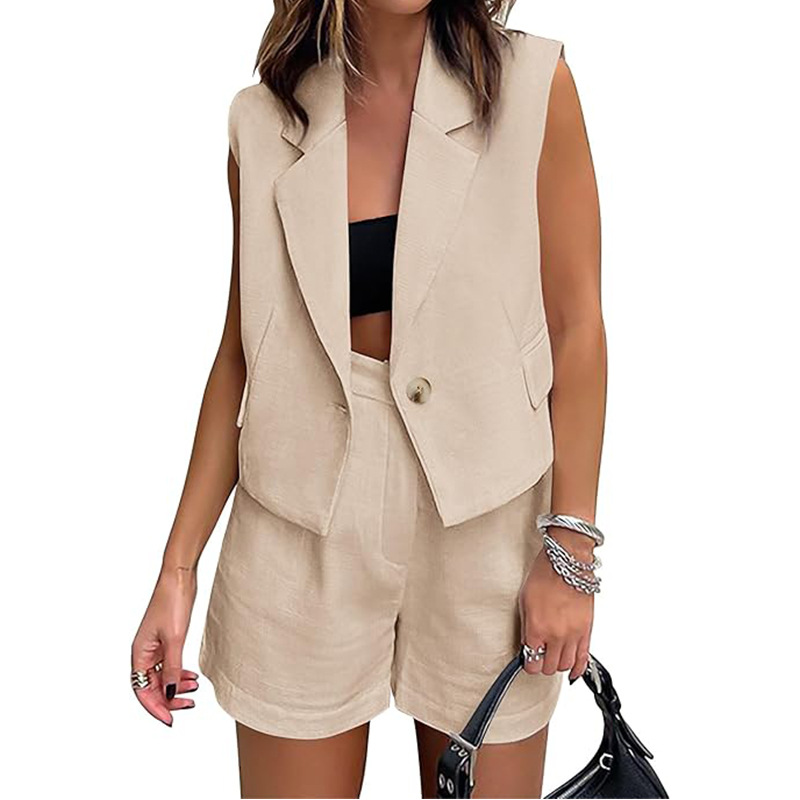  Leisure Commute Button Sleeveless Midriff-baring Vest Coat High Waist Shorts Two-piece Set