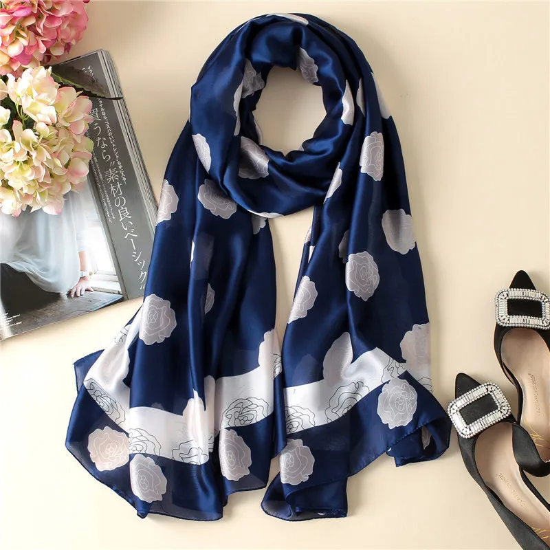  100% Natural Silk Scarf Women Luxury Brand Digital Print Flowers Silk Pashmina Shawl Female Long Bandana Foulard 2020 Oversize