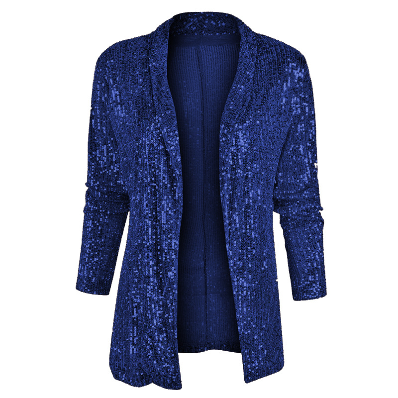  Women's Sequin Long Sleeve Temperament Mid-length Polo Collar Solid Color Coat