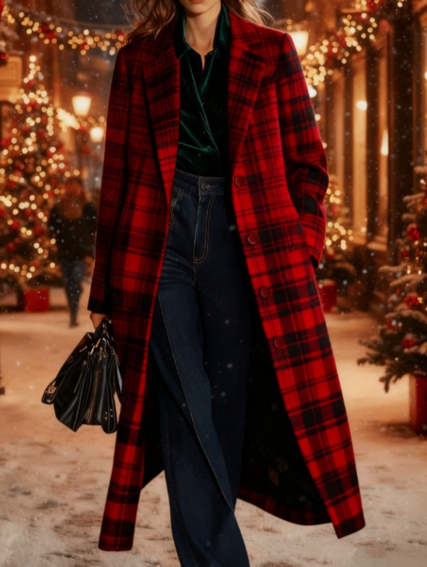  Casual Loose-fitting Retro Plaid Mid-length Coat