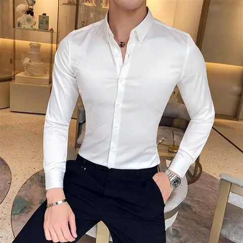  Plain Long Sleeve Shirts and Blouses for Men Business Silk Summer Button Man Tops Fashion 2025 Social High Quality Clothing S I