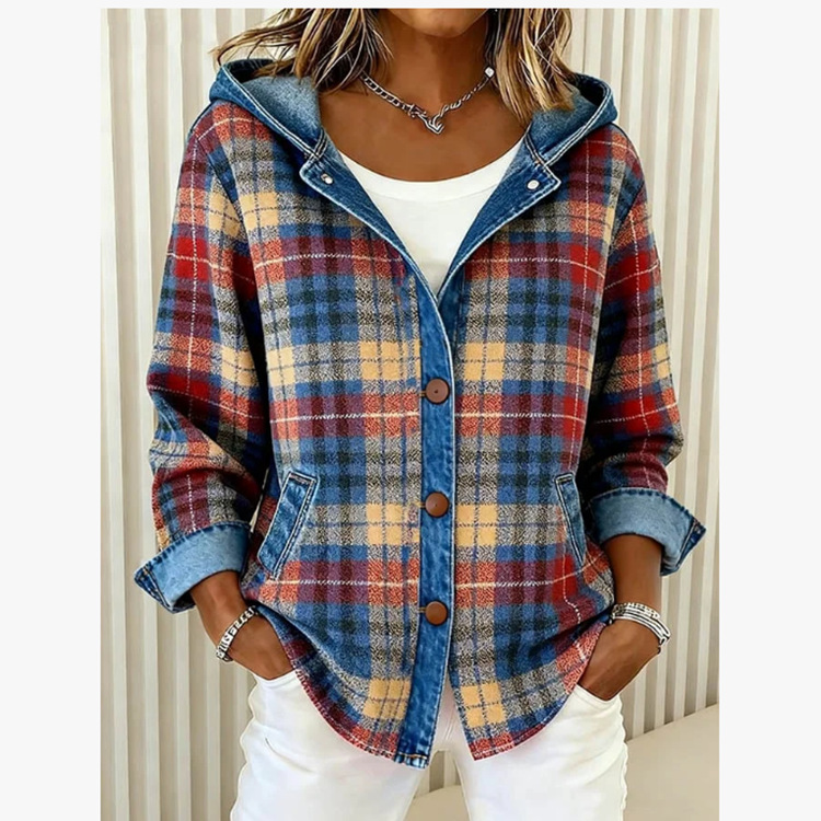  Women's Fashion Plaid Color-blocking Coat