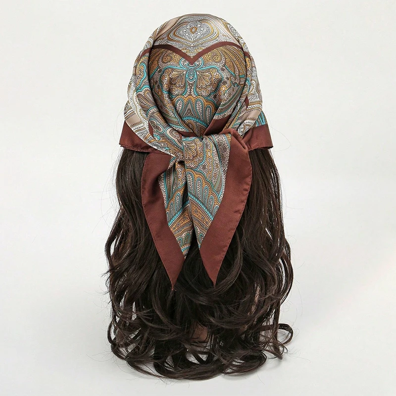  Bohemian Style Floral Print Women’s Square Silk Scarf Satin Head Wrap Tropical Leaf Flower Design Scarves Bandana Hijab