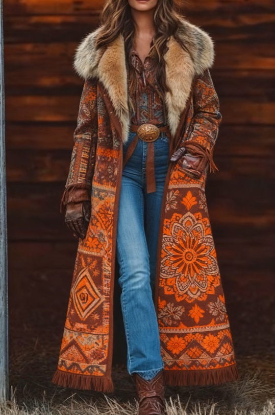  Fashion Retro Women's Coat, Warm Printed Long Coat