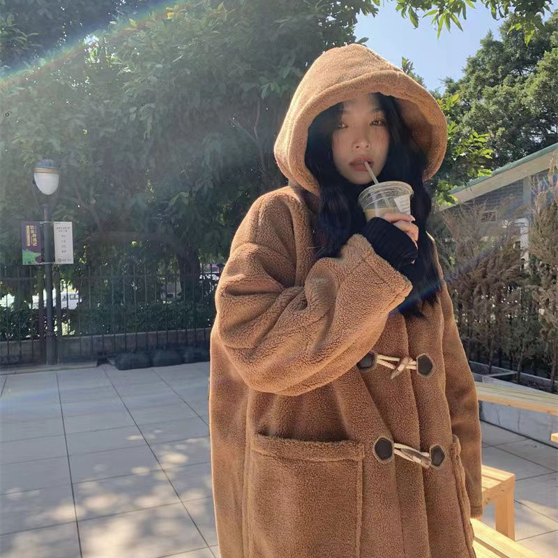  Mid-length Horn Button Lamb Wool Coat For Women
