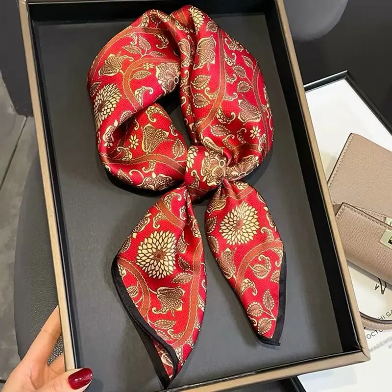 70cm Size 100% Mulberry Silk Square Scarf, Retro Printed Red Ladies' Bandana Scarf, Headscarf, Elegant Shawl, Strap Decoration