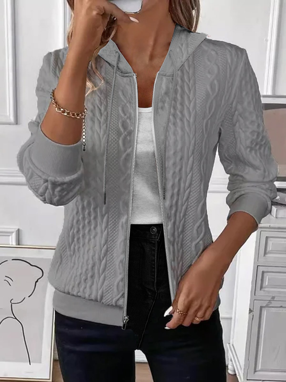  Solid Color Long Sleeve Knitted Zipper Hoodie Coat