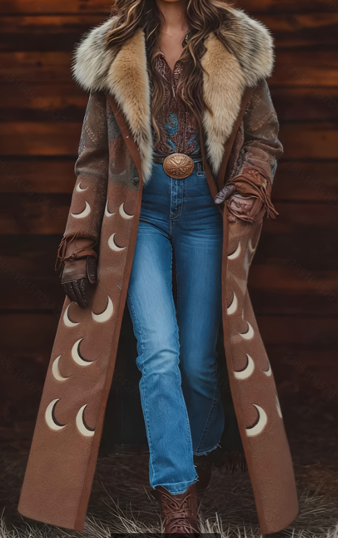  Fashion Retro Women's Coat, Warm Printed Long Coat