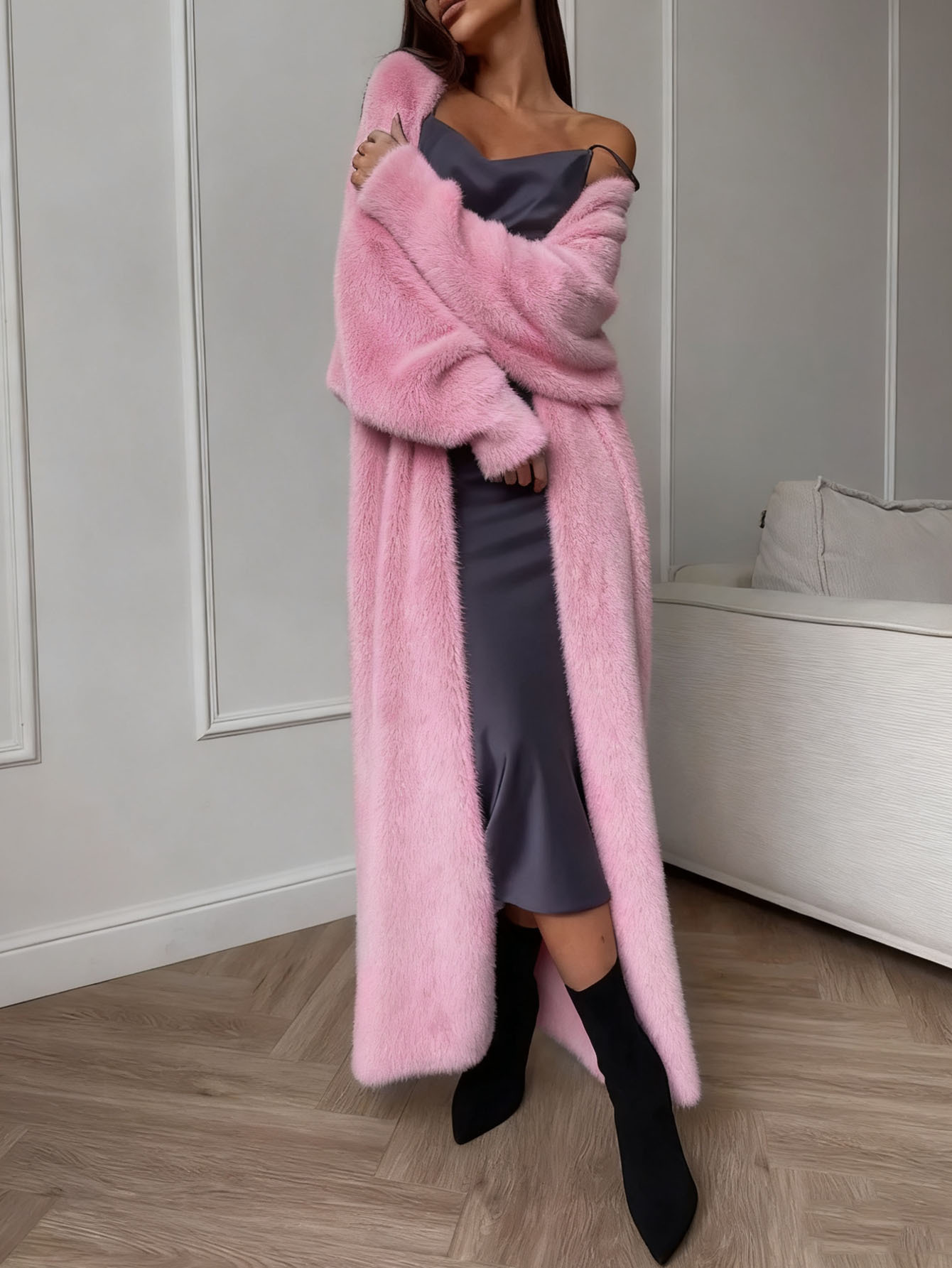  Women's Solid-Color Loose Plush Knitted Long Coat