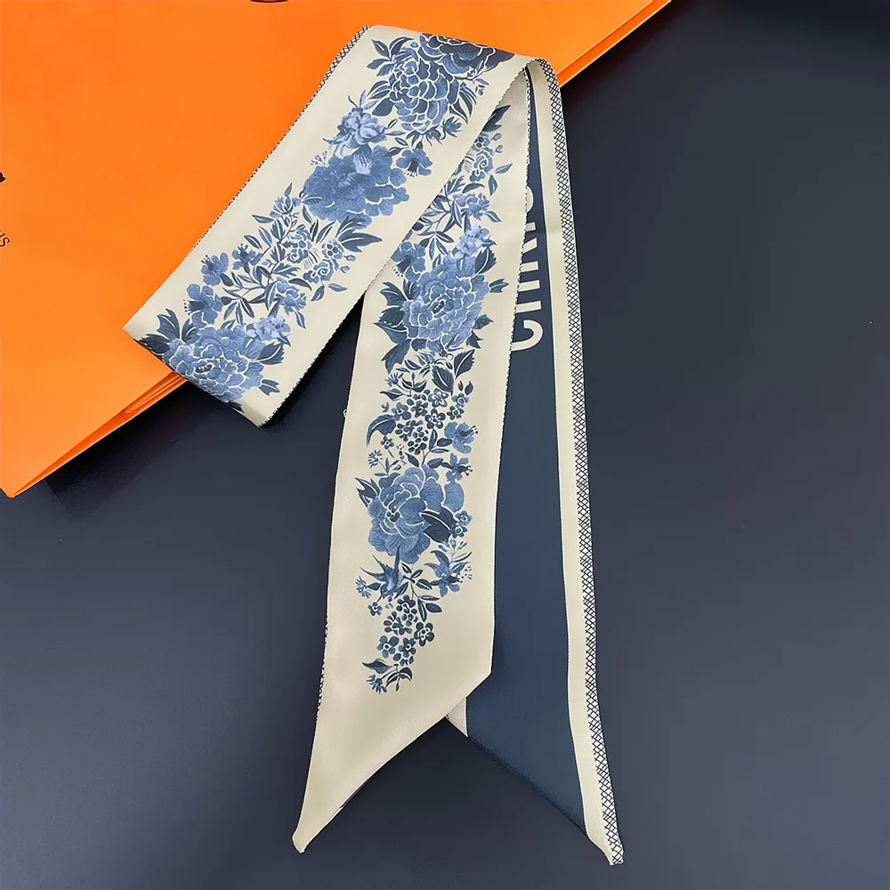  French Tarot Rose Flower Print Women's Decoration Double-sided Elegant Binding Strap Streamer Small Scarf Gift Ribbon Silk Scarf