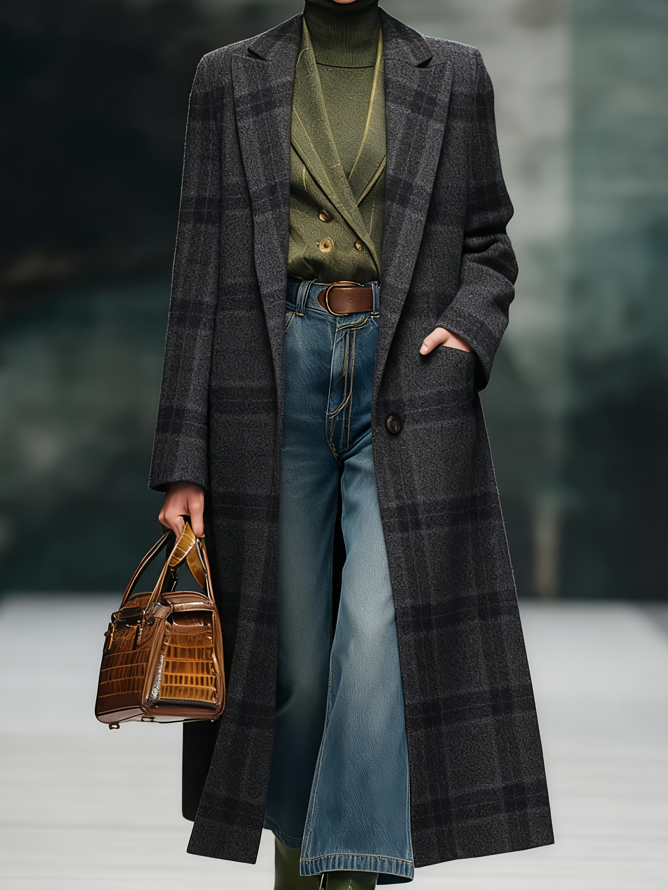  Casual Loose-fitting Retro Plaid Mid-length Coat