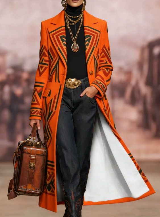  Printed Casual Long Wool Coat