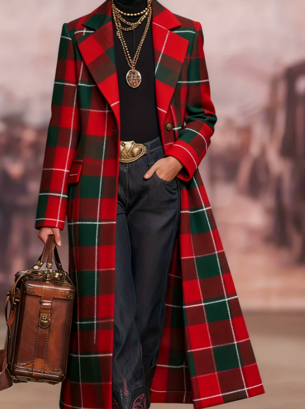  Women's Loose-fitting Long Plaid Lapel Coat