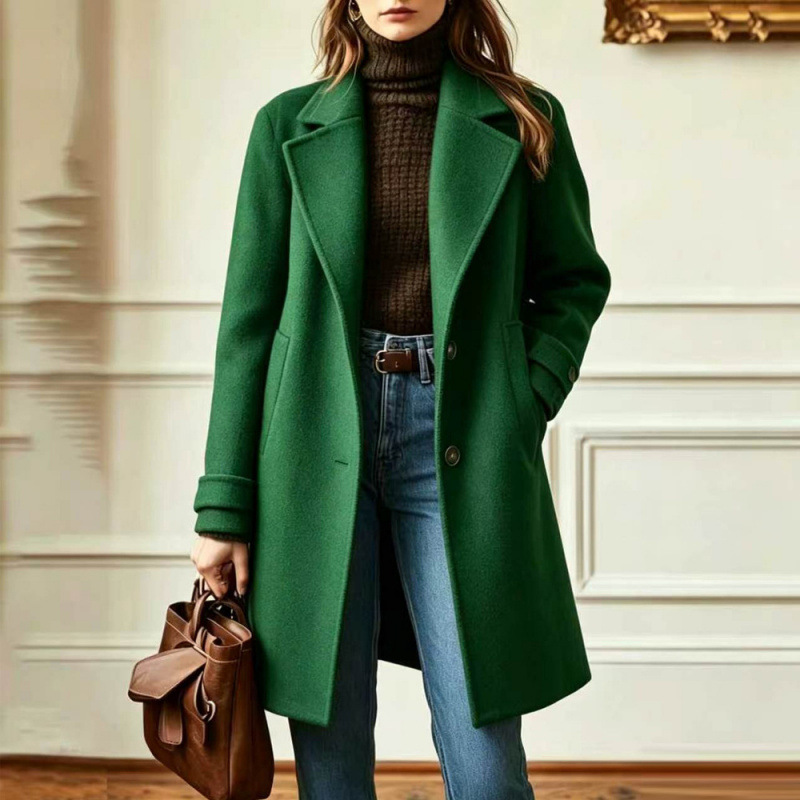  Elegant Midi-length Single-breasted Solid-color Wool Coat With A Lapel