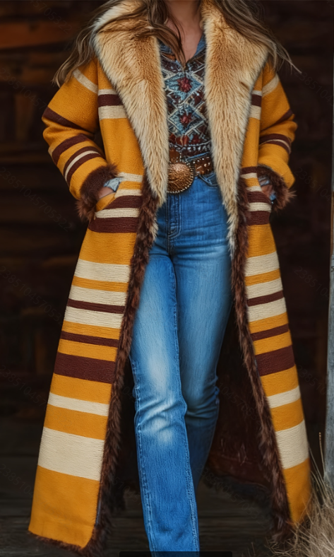  Fashion Retro Women's Coat, Warm Printed Long Coat