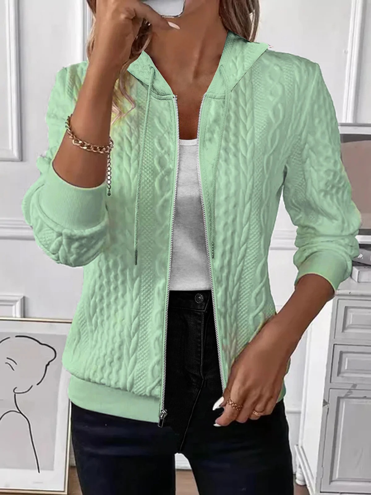  Solid Color Long Sleeve Knitted Zipper Hoodie Coat