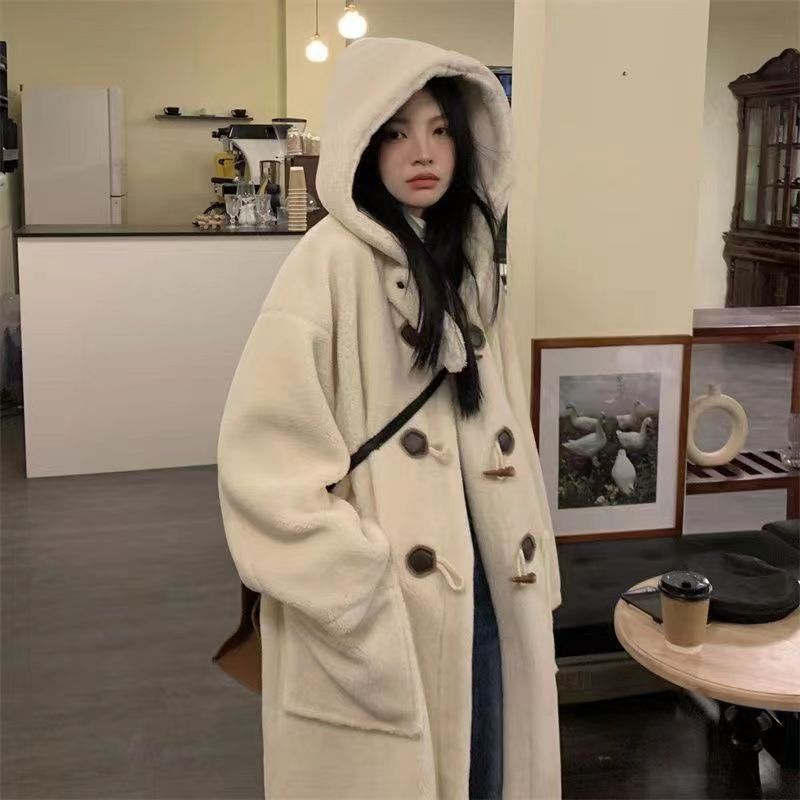  Mid-length Horn Button Lamb Wool Coat For Women