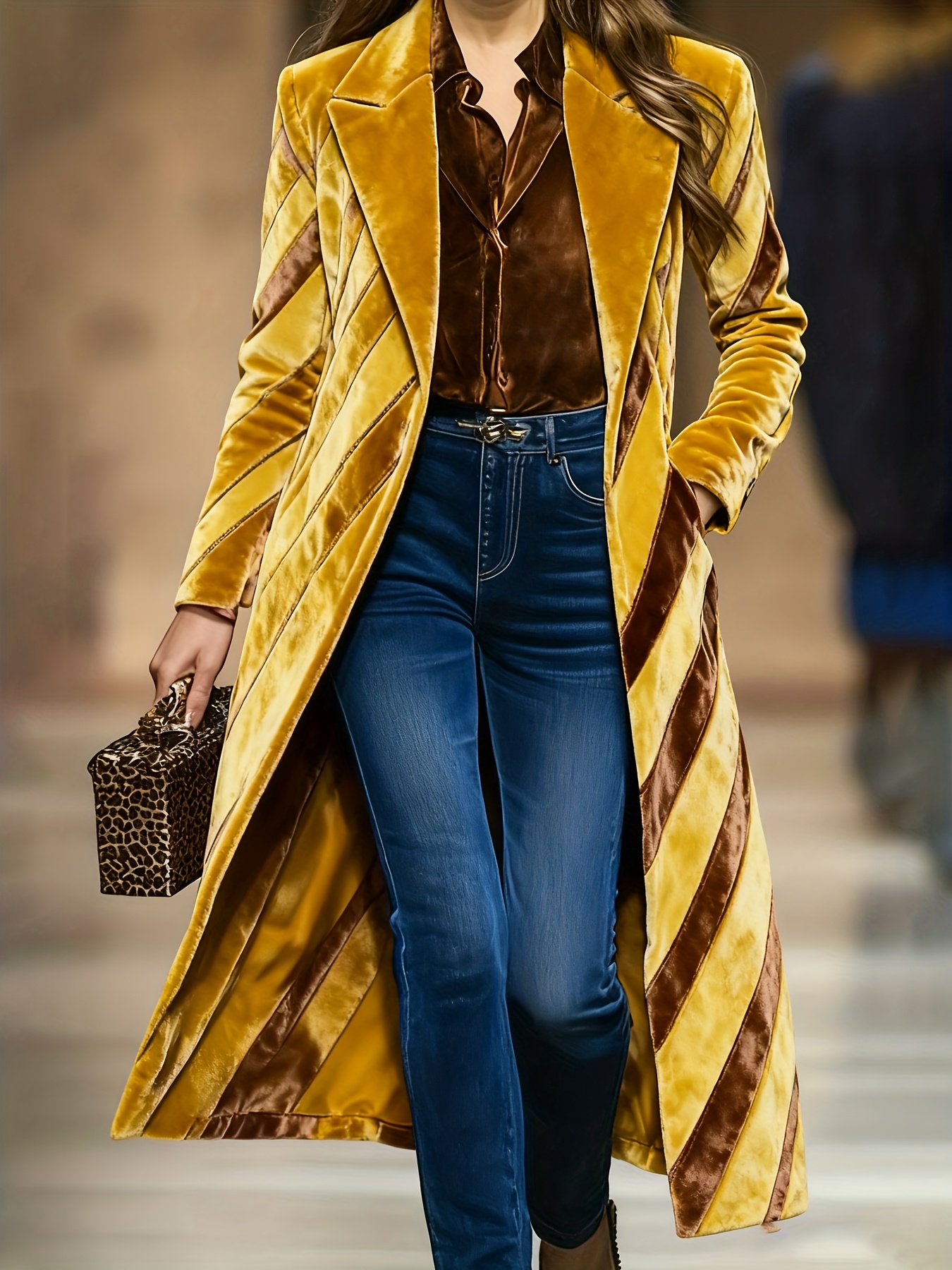 Casual Loose Vintage Velvet Leopard Print Colorblock Lapel Coat Printed Pattern
