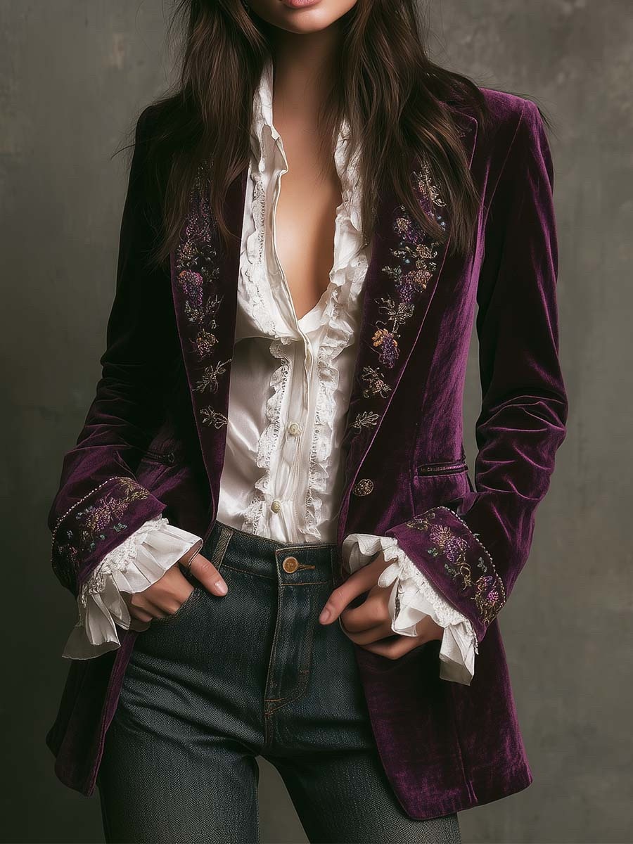  Long Sleeve Solid Color Stitching Lace Pleuche Coat