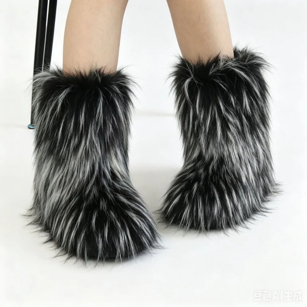  Winter Fluffy Women's Faux Fur Boots Plush Warm Woman Snow Boots 2026 Luxury Girls Furry Platform Boots Women's Ankle Boots