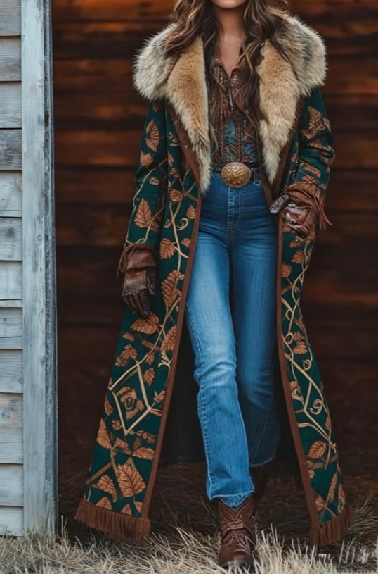  Fashion Retro Women's Coat, Warm Printed Long Coat
