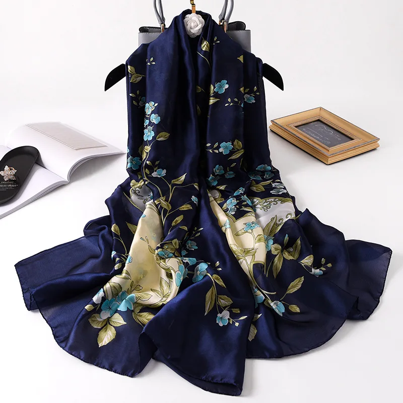  100% Natural Silk Scarf Women Luxury Brand Digital Print Flowers Silk Pashmina Shawl Female Long Bandana Foulard 2020 Oversize