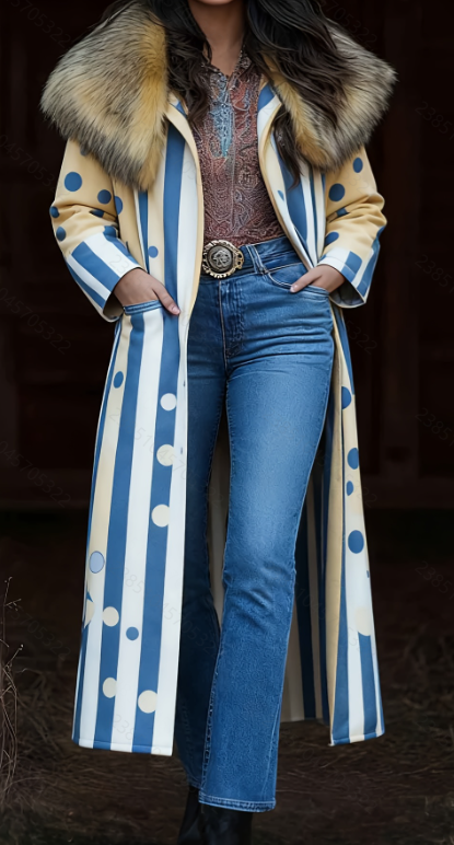  Fashion Retro Women's Coat, Warm Printed Long Coat