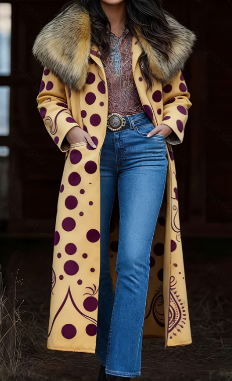  Fashion Retro Women's Coat, Warm Printed Long Coat