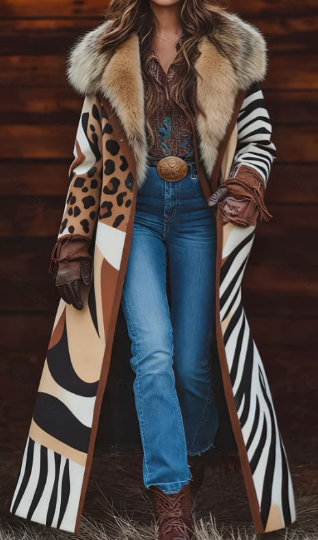  Fashion Retro Women's Coat, Warm Printed Long Coat