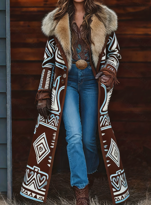  Fashion Retro Women's Coat, Warm Printed Long Coat