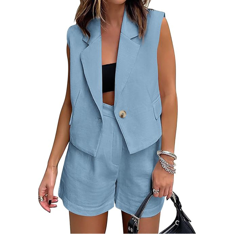  Leisure Commute Button Sleeveless Midriff-baring Vest Coat High Waist Shorts Two-piece Set