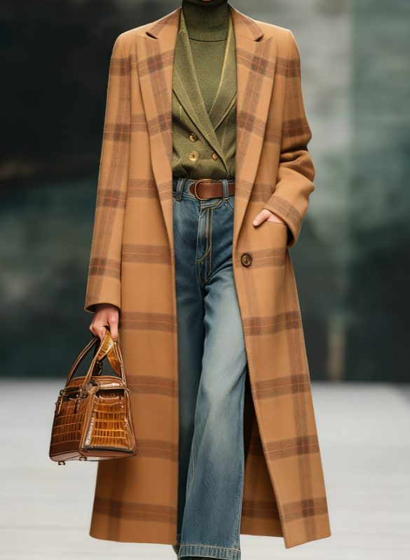  Women's Loose-fitting Long Plaid Lapel Coat