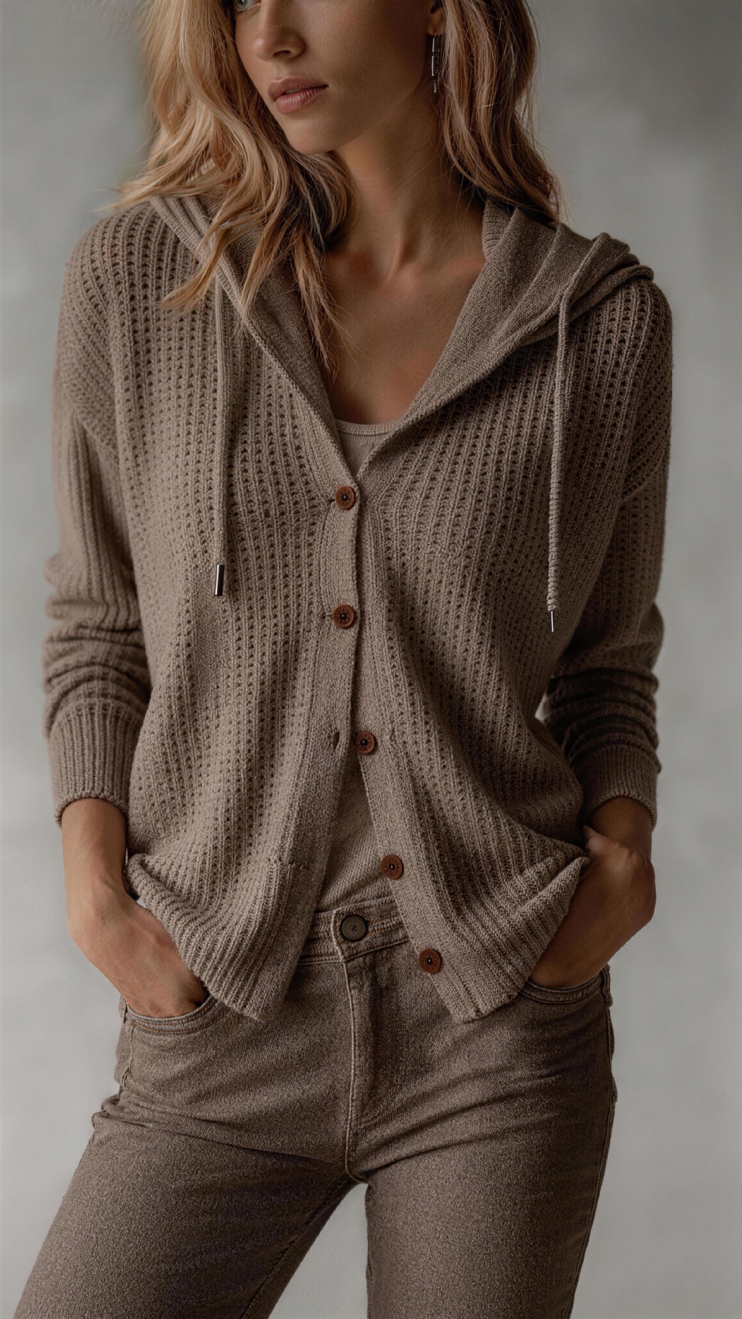 Hooded Knitted Cardigan Womens Loose-Fit Coat