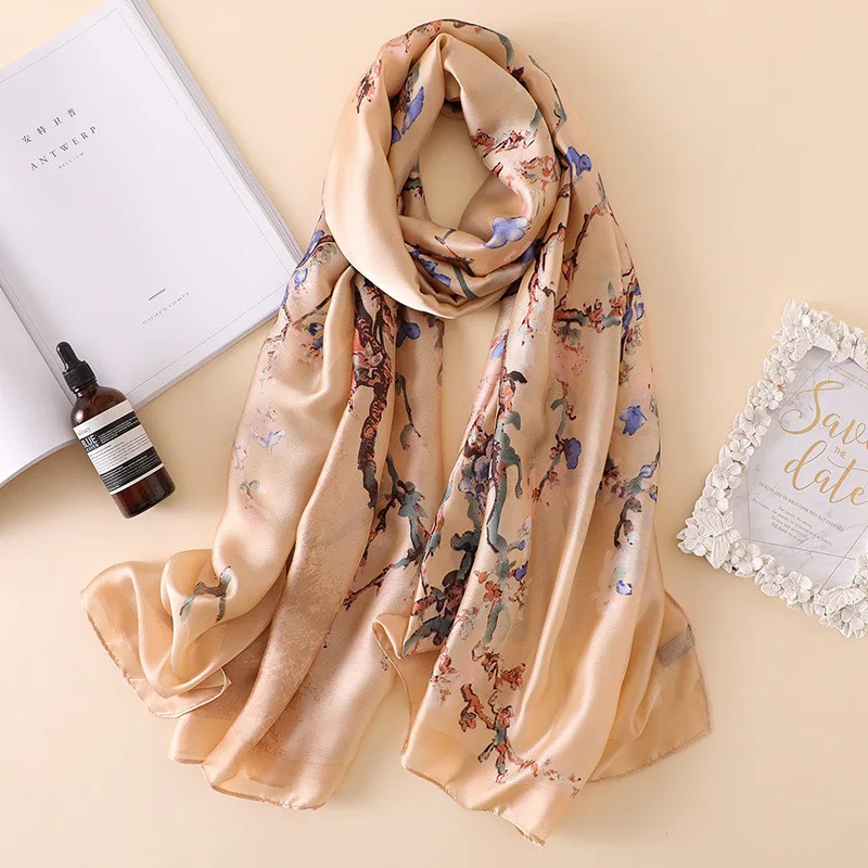  100% Natural Silk Scarf Women Luxury Brand Digital Print Flowers Silk Pashmina Shawl Female Long Bandana Foulard 2020 Oversize