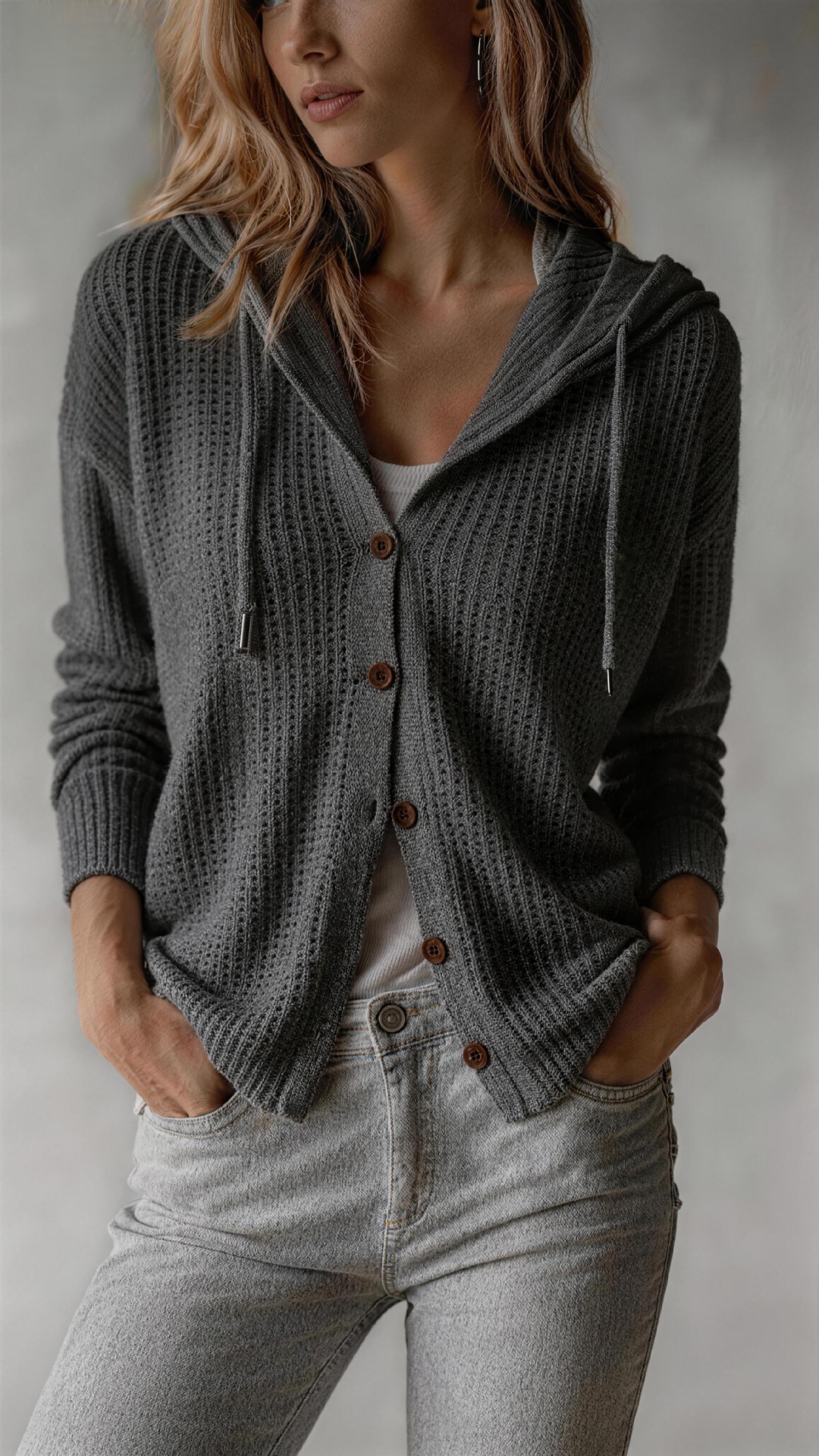  Hooded Knitted Cardigan Womens Loose-Fit Coat