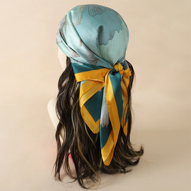  Bohemian Style Floral Print Women’s Square Silk Scarf Satin Head Wrap Tropical Leaf Flower Design Scarves Bandana Hijab