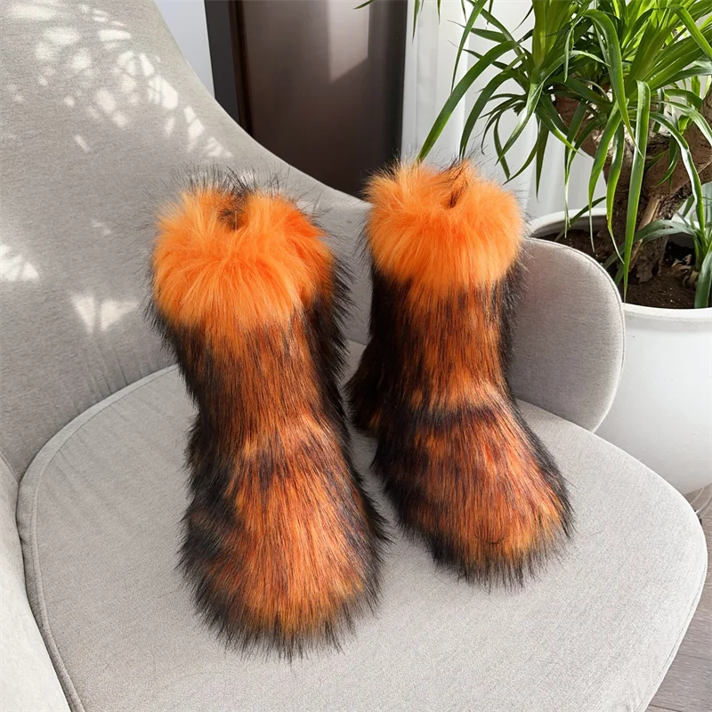  New Winter Fur Onepiece Raccoon Fur Female Snow Boots Fur Shoes Outdoor Mid Leg Boots
