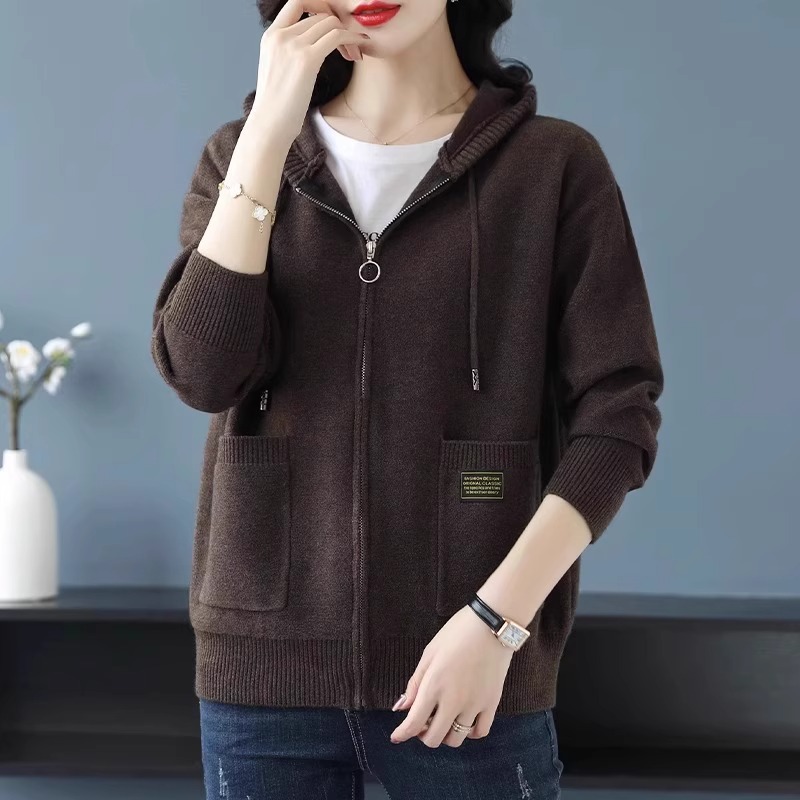  Knitwear Hooded Sweater Coat Women's Loose Zip Knitted Cardigan